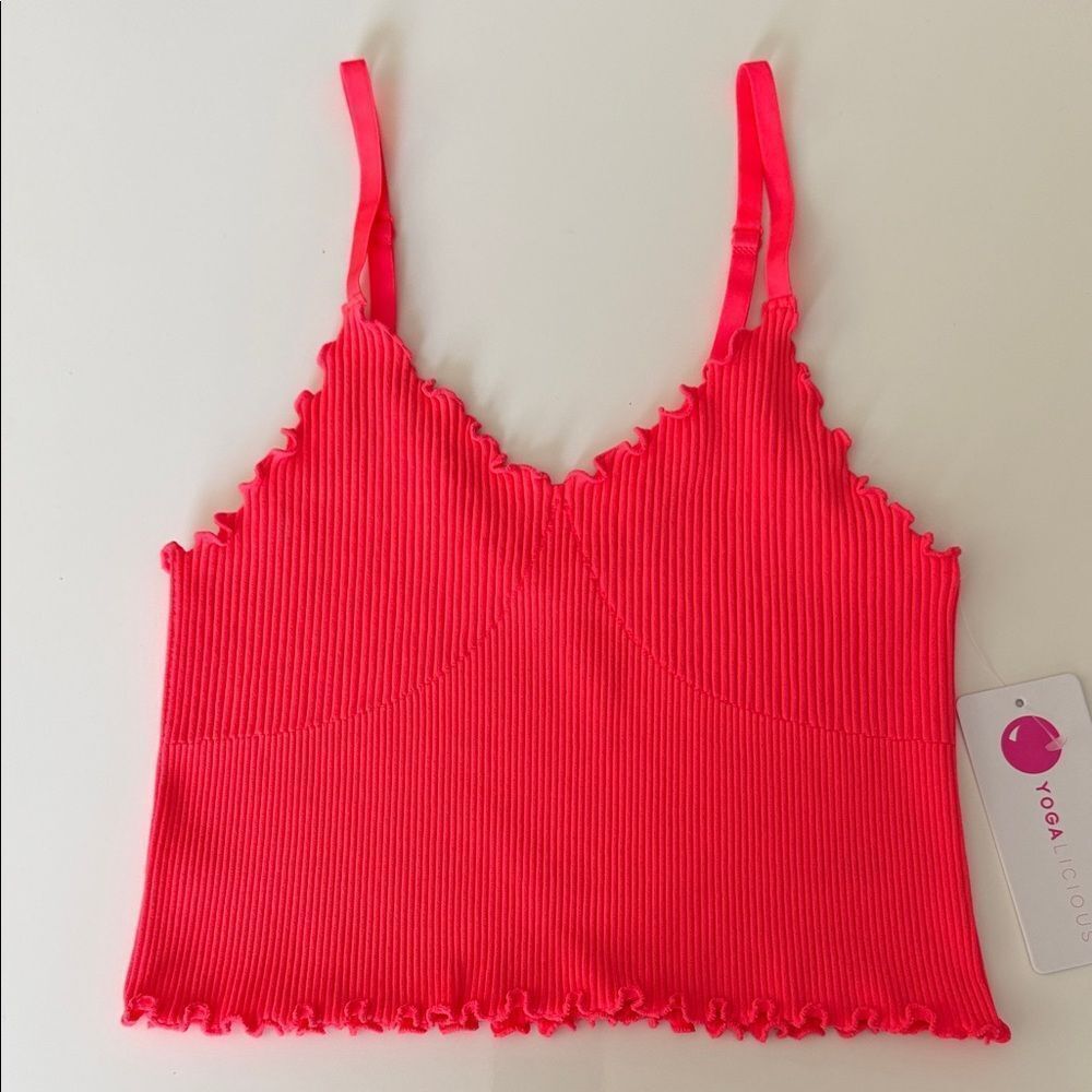 Yogalicious Hot Pink Ribbed Lettuce-Edge Crop Cami - Picture 4 of 9
